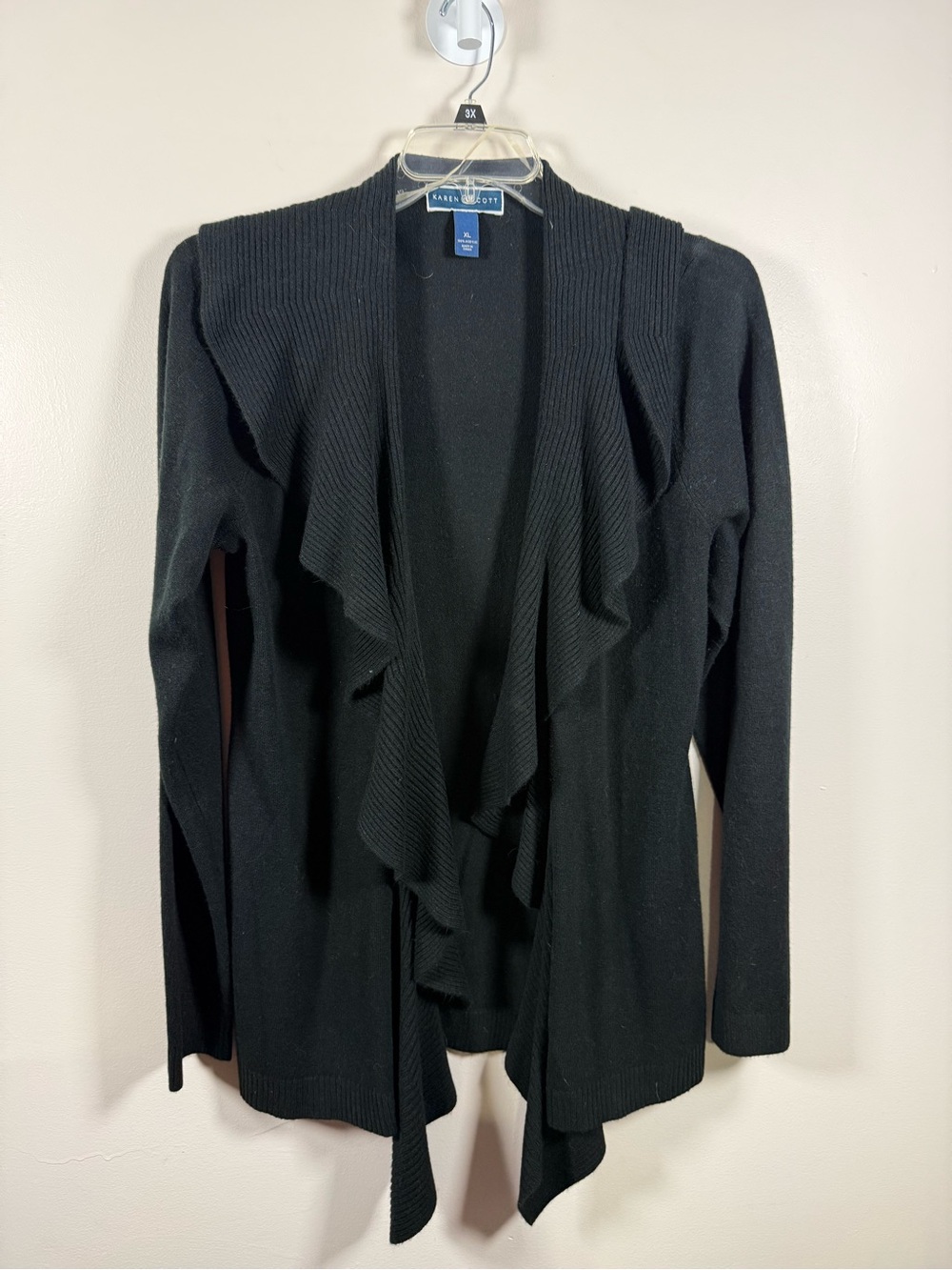 Karen Scott Black Ruffle-Front Open Cardigan